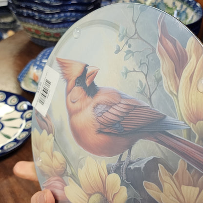 Cutting Board: Cardinal & Flowers 8 inch round   Tempered Glass