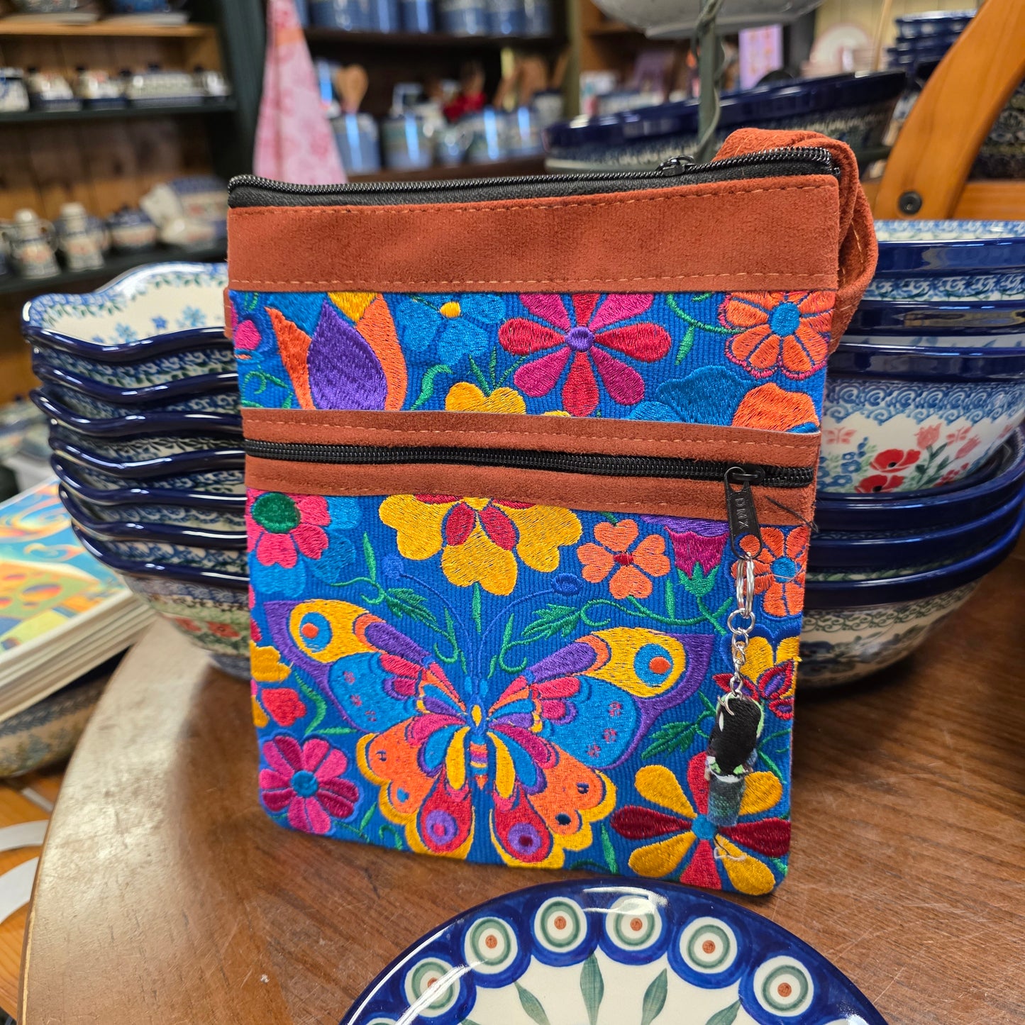 Embroidered Butterfly blue ~  Faux Leather Crossbody Purse