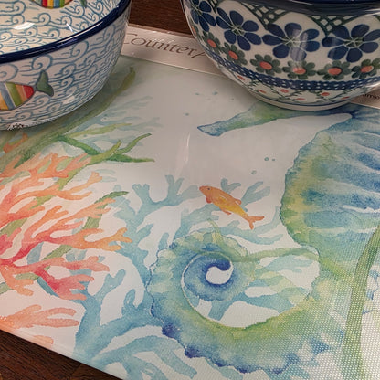 Cutting Board Seahorse / Counter Saver Glass 8" x 10". **Not Polish Pottery