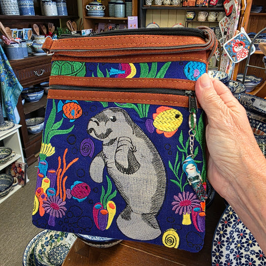 Embroidered Manatee Purple ~  Faux Leather Crossbody Purse