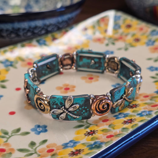 Jewelry Bracelet #1 Patina Vintage look #2   Dragonfly stretch bracelet swirls