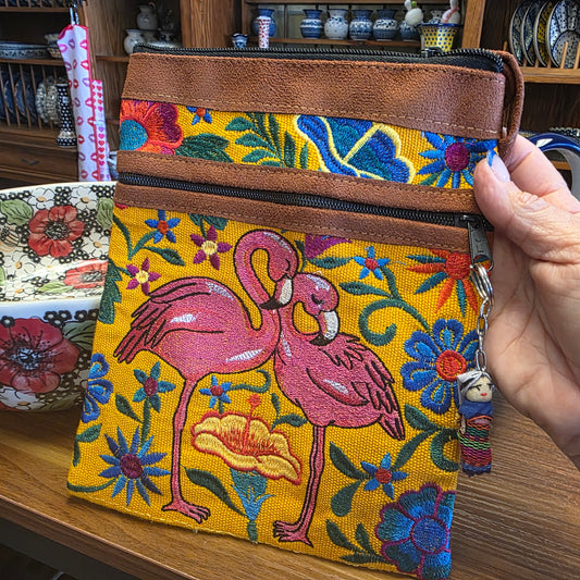 Embroidered Flamingo yellow  ~  Faux Leather Crossbody Purse