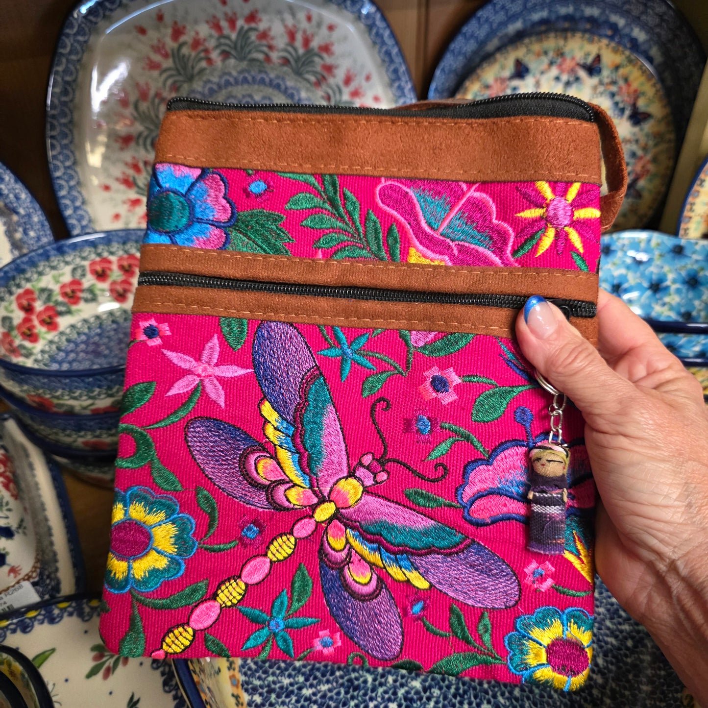 Embroidered Dragonfly Pink ~  Faux Leather Crossbody Purse