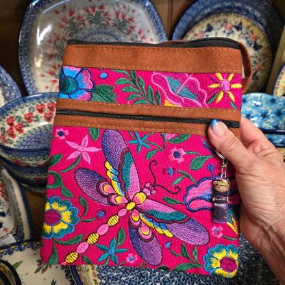 Embroidered Dragonfly Pink ~  Faux Leather Crossbody Purse