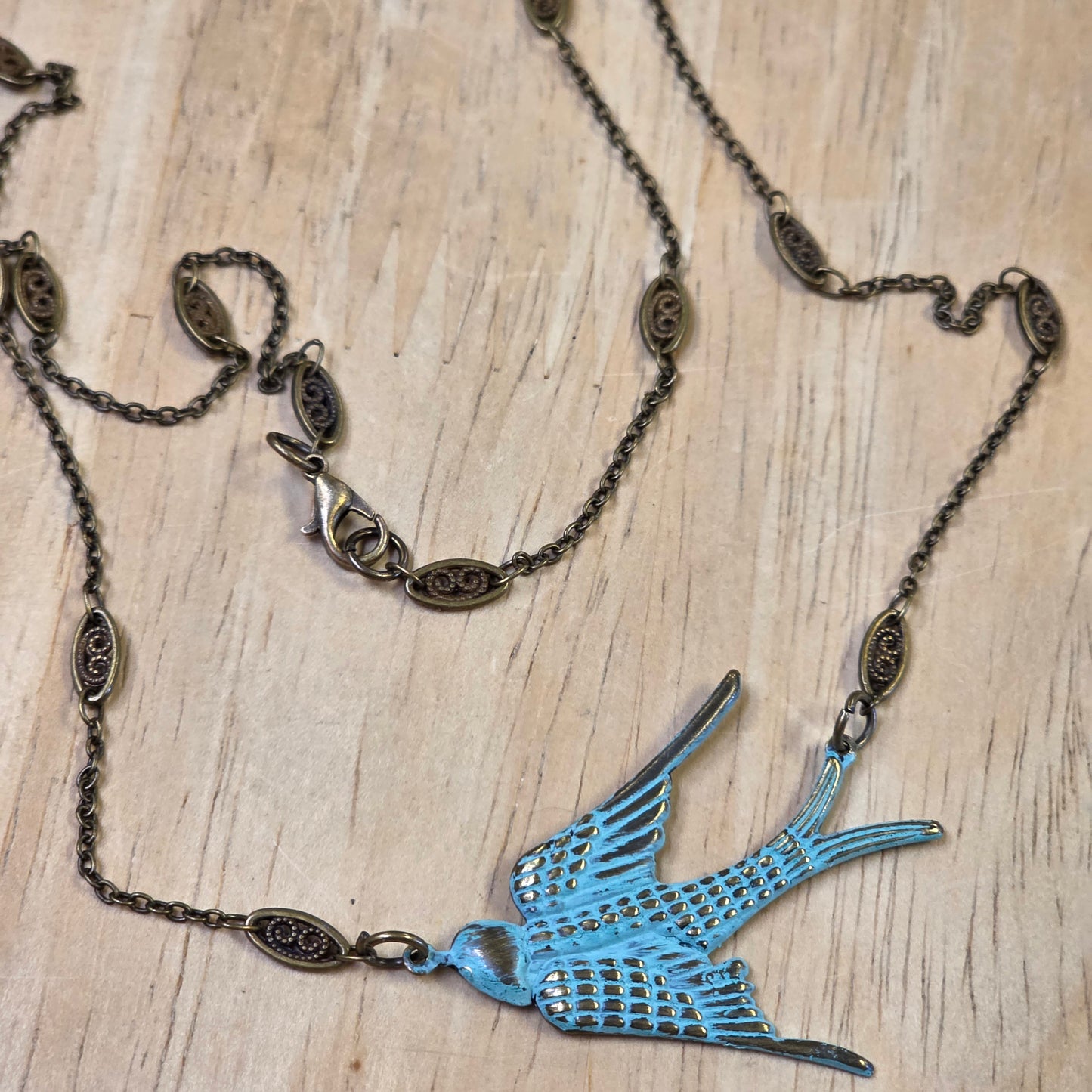 Jewelry Brass Necklace Swooping Swallow Patina in Turquoise