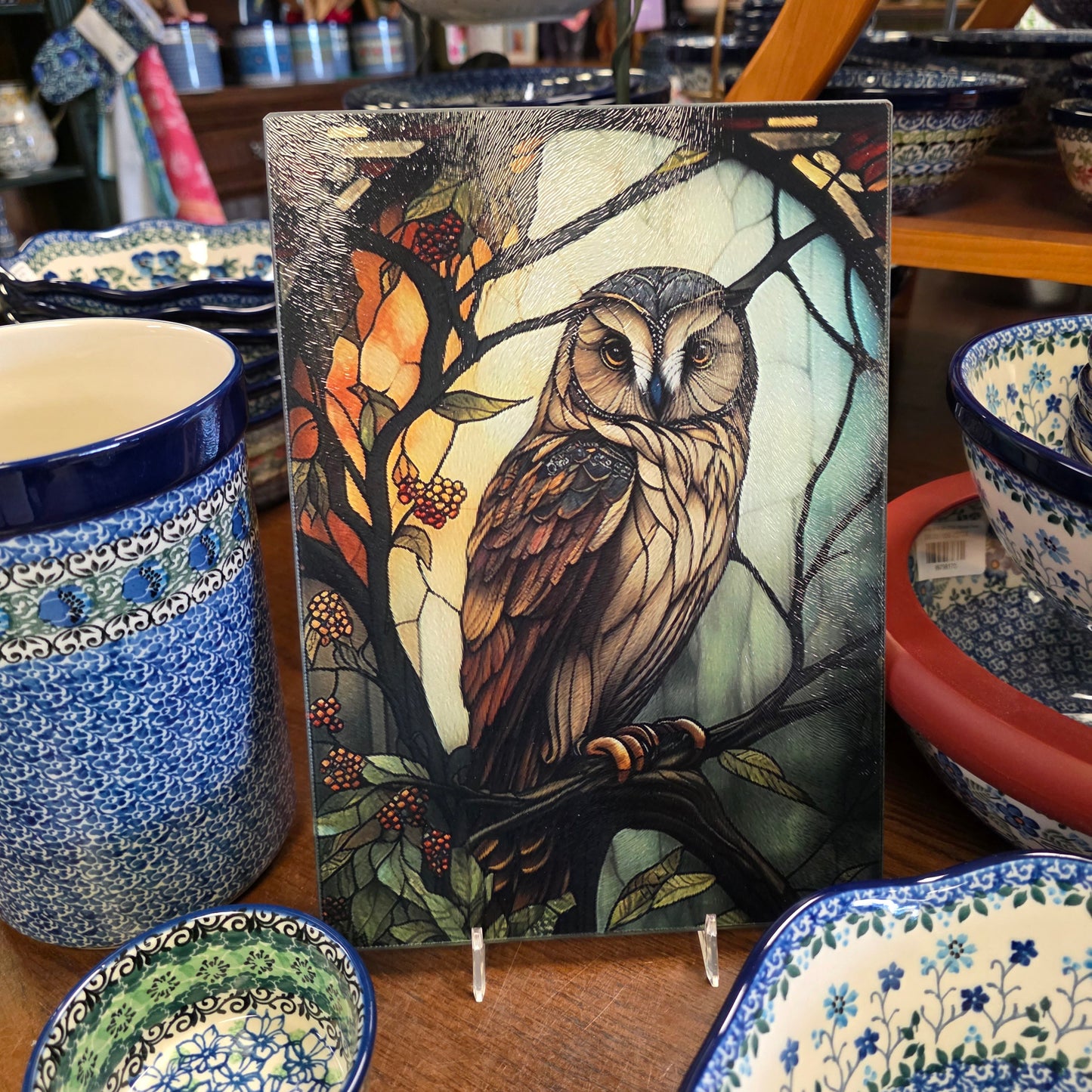 Cutting Board: Owl Charcuterie / Serving Tray: 8x11 Inch  Tempered Glass   *** NOT Polish Pottery ***
