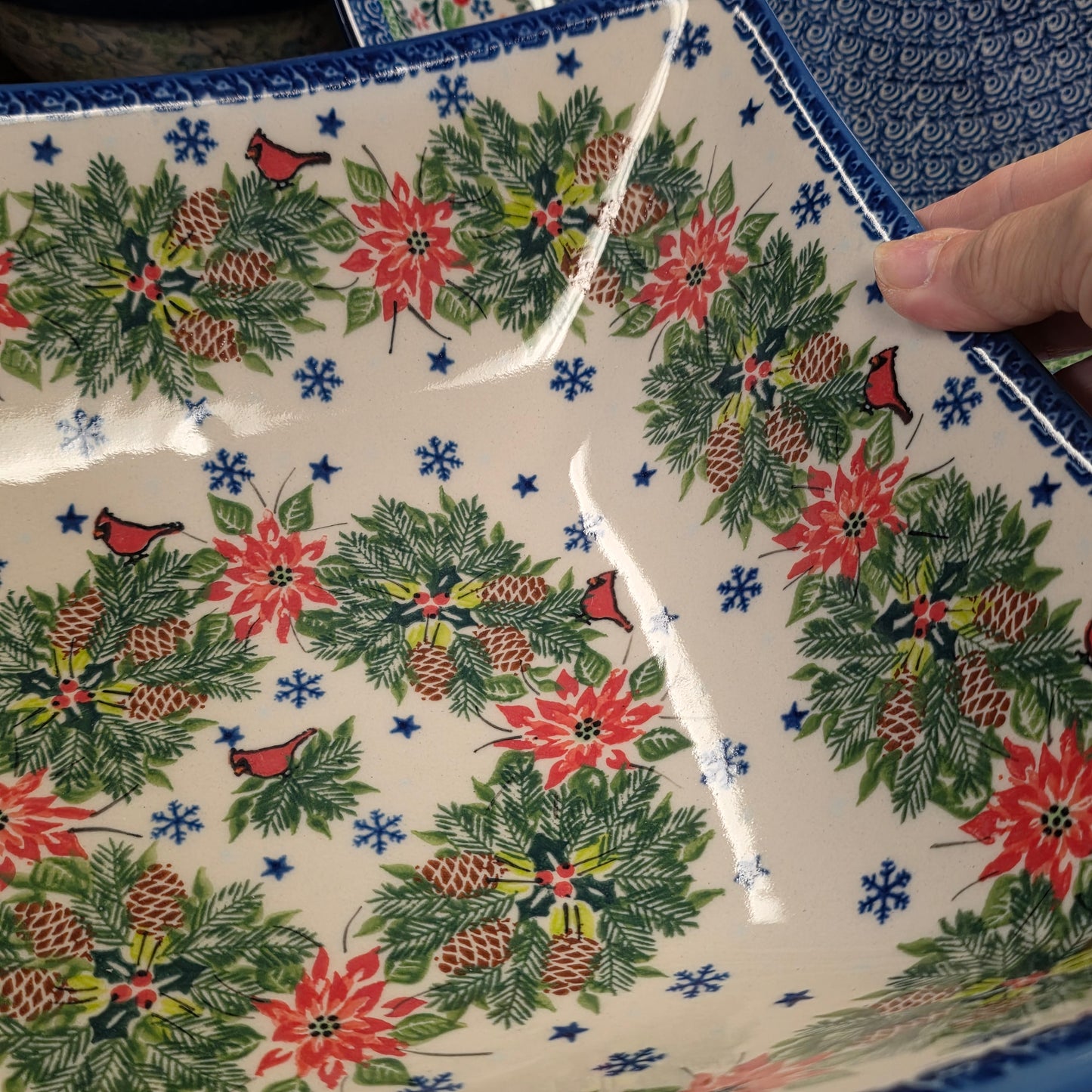 Bowl ~ Square 11" Cardinal and Poinsettia XL