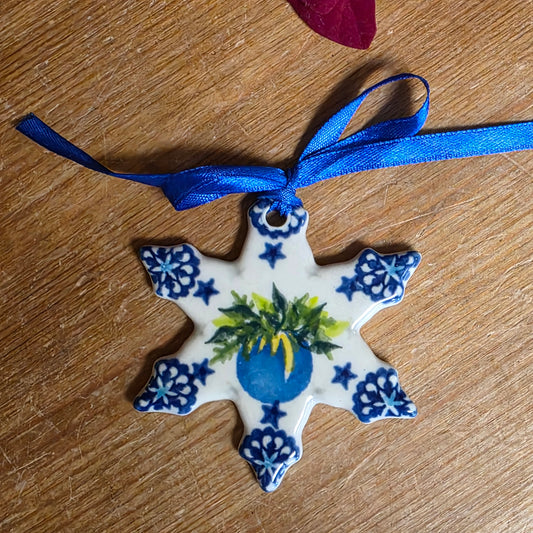 Ornament ~ Snowflake flat 2.5". blue ball blue tip
