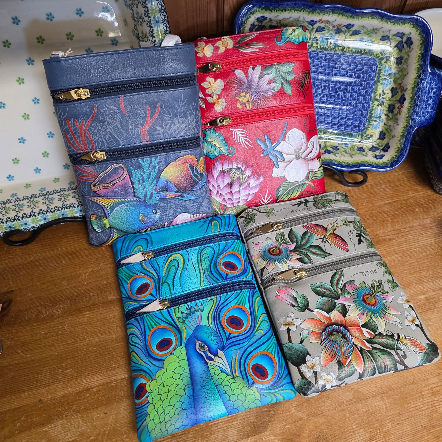 Anuschka ~ Crossbody Red / Dragonfly Double Zip Travel bag