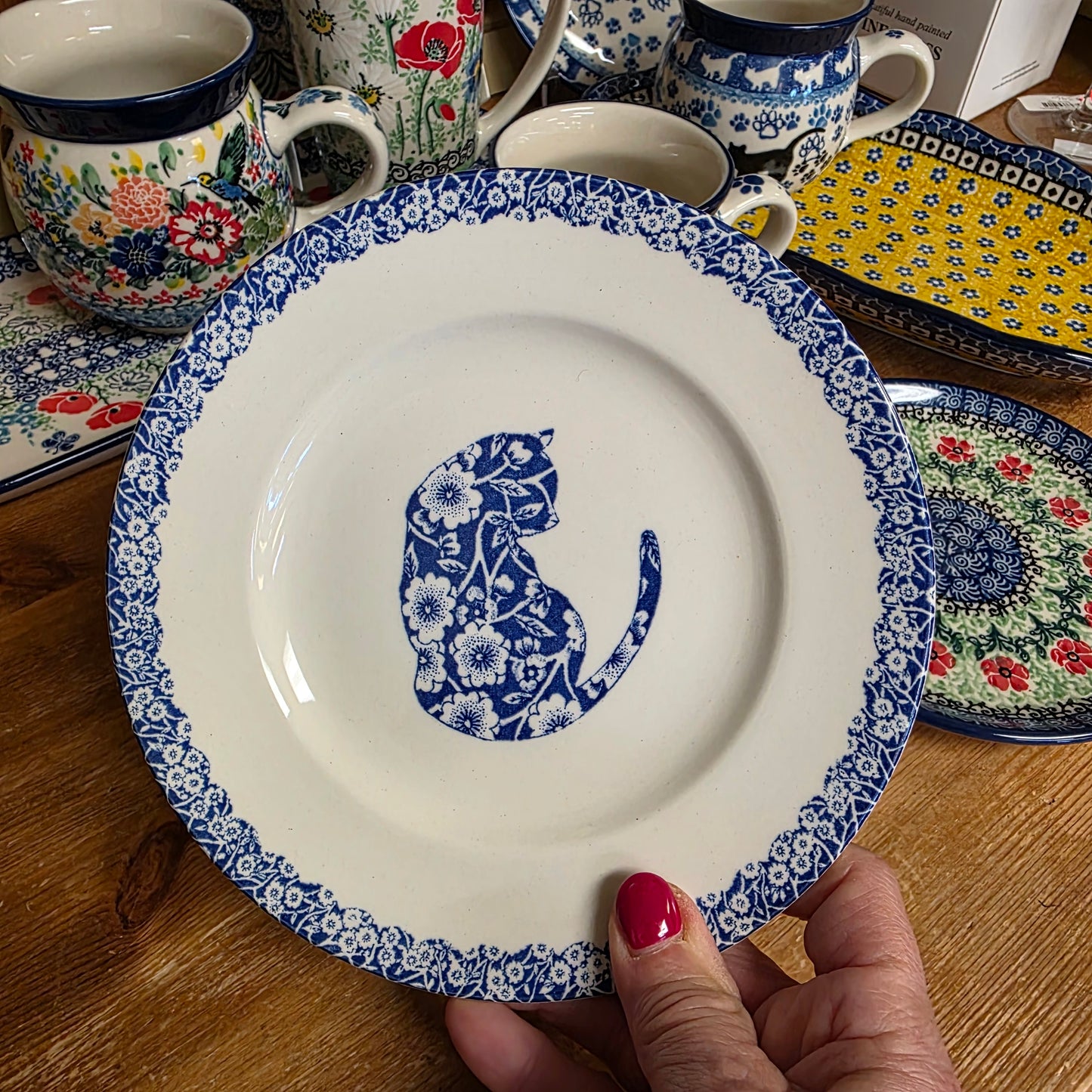 Burleigh ~ BLUE Plate 6.75" Calico Cat  *** NOT Polish Pottery