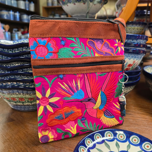 Embroidered Hummingbird Pink   ~  Faux Leather Crossbody Purse