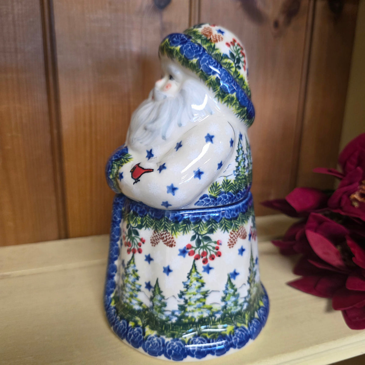 Santa Jar ~ 8" H.  Trees / Pinecone / Cardinal