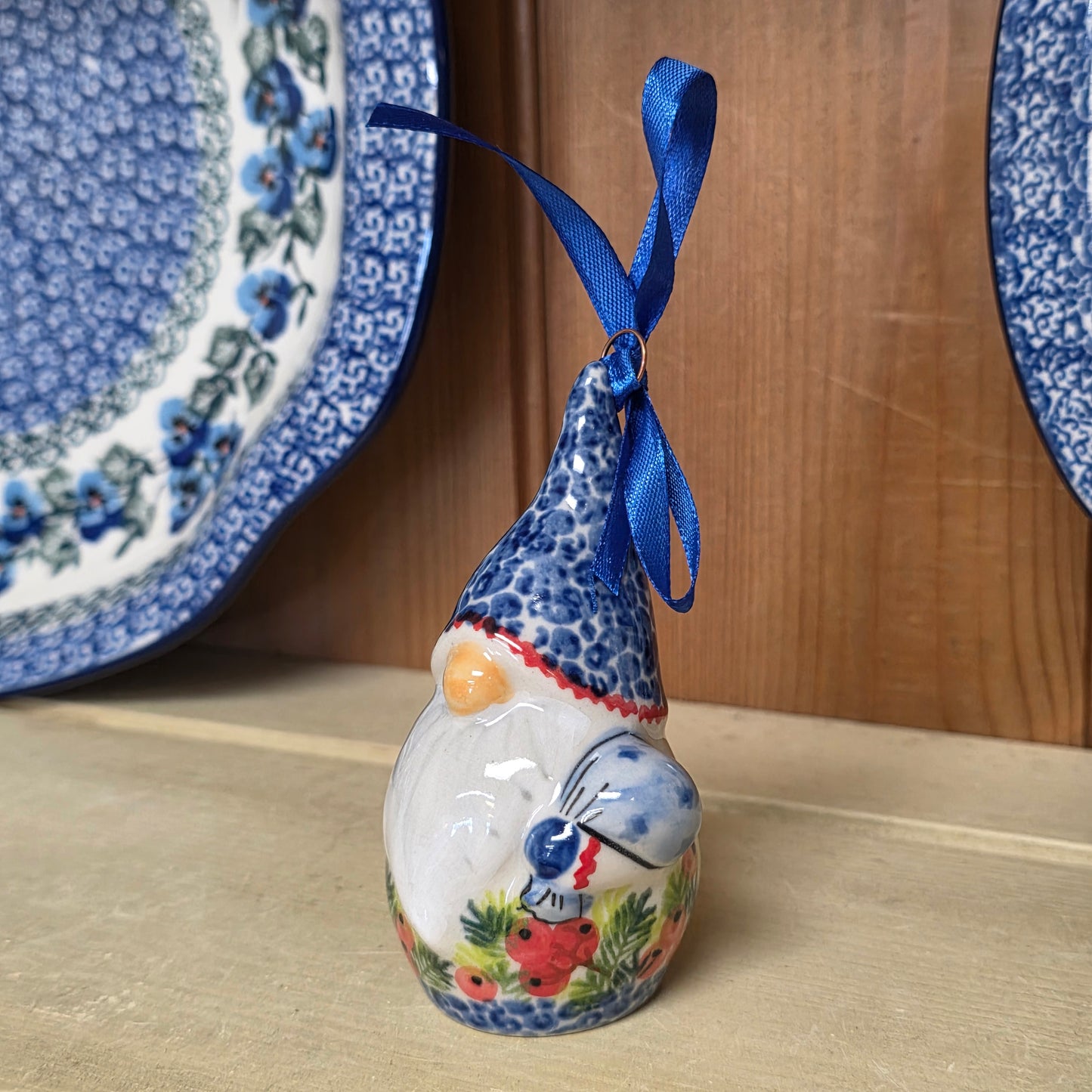 Ornament ~blue hat gnome Santa (4")