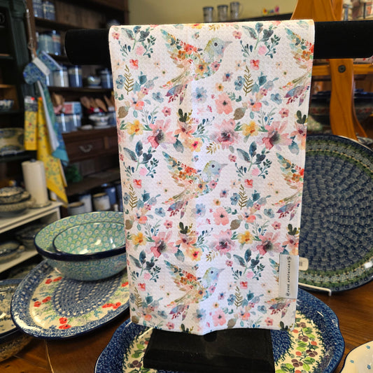 Towel /poly ~ Floral Hummingbird Waffle Dish Towel