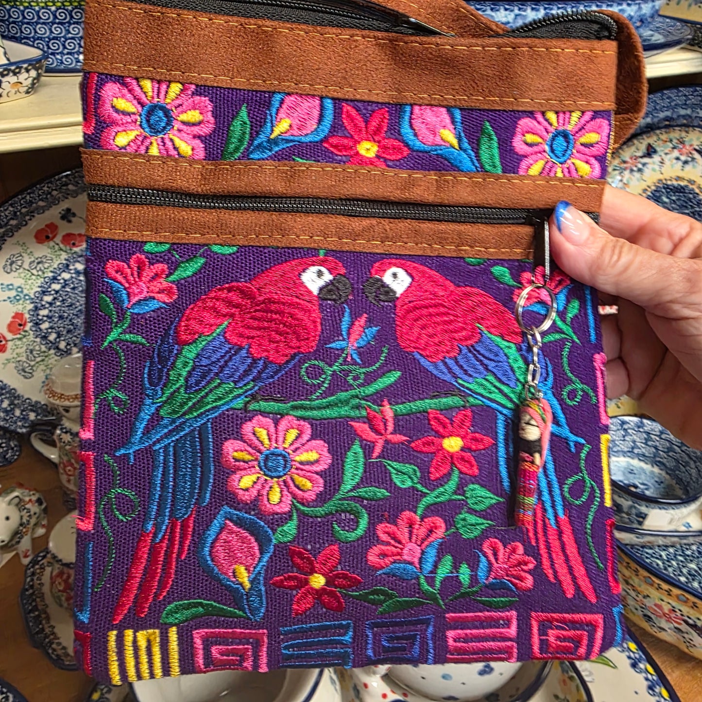 Embroidered Parrots Purple ~  Faux Leather Crossbody Purse