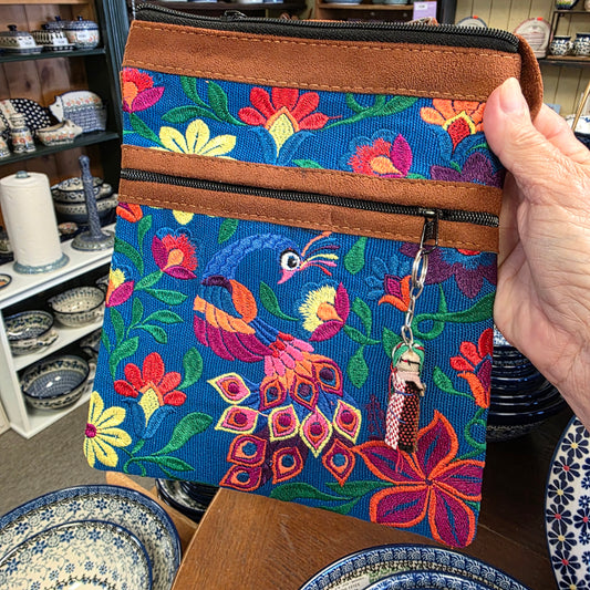Embroidered Peacock Teal ~  Faux Leather Crossbody Purse