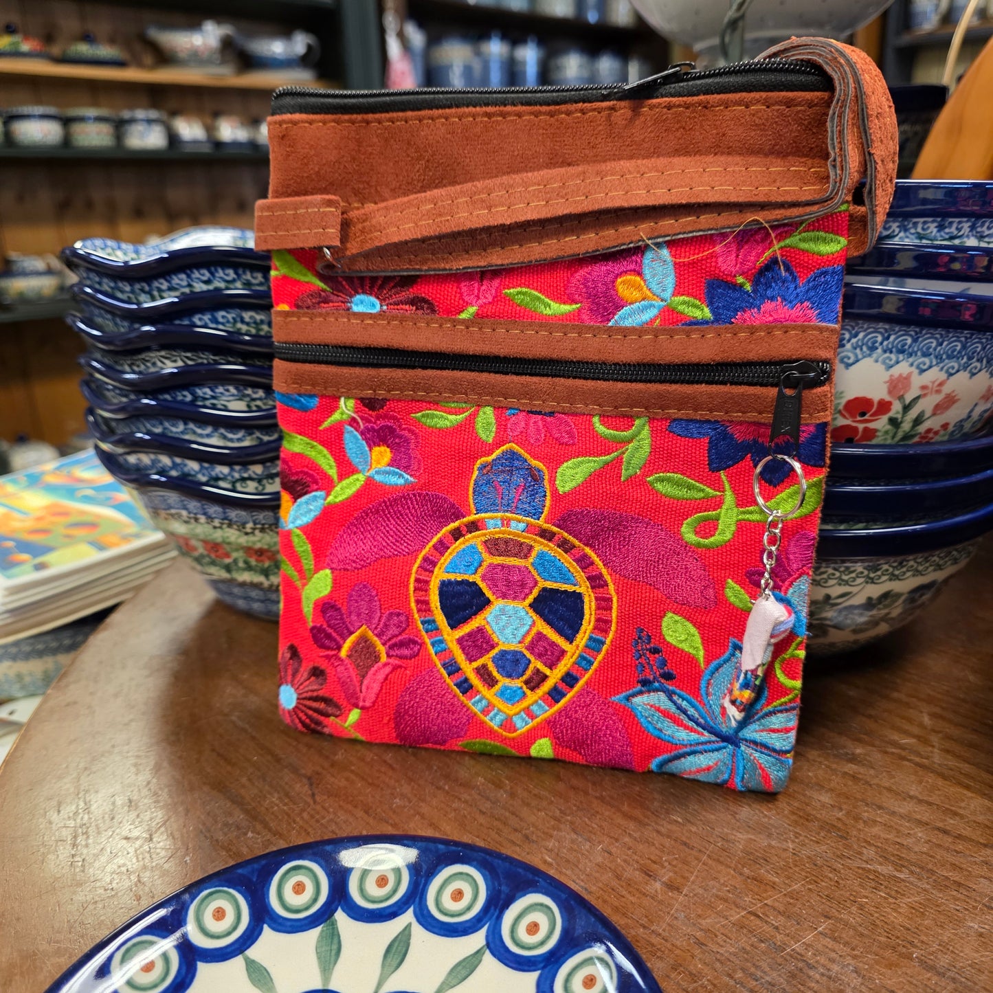 Embroidered Turtle orangey red ~  Faux Leather Crossbody Purse