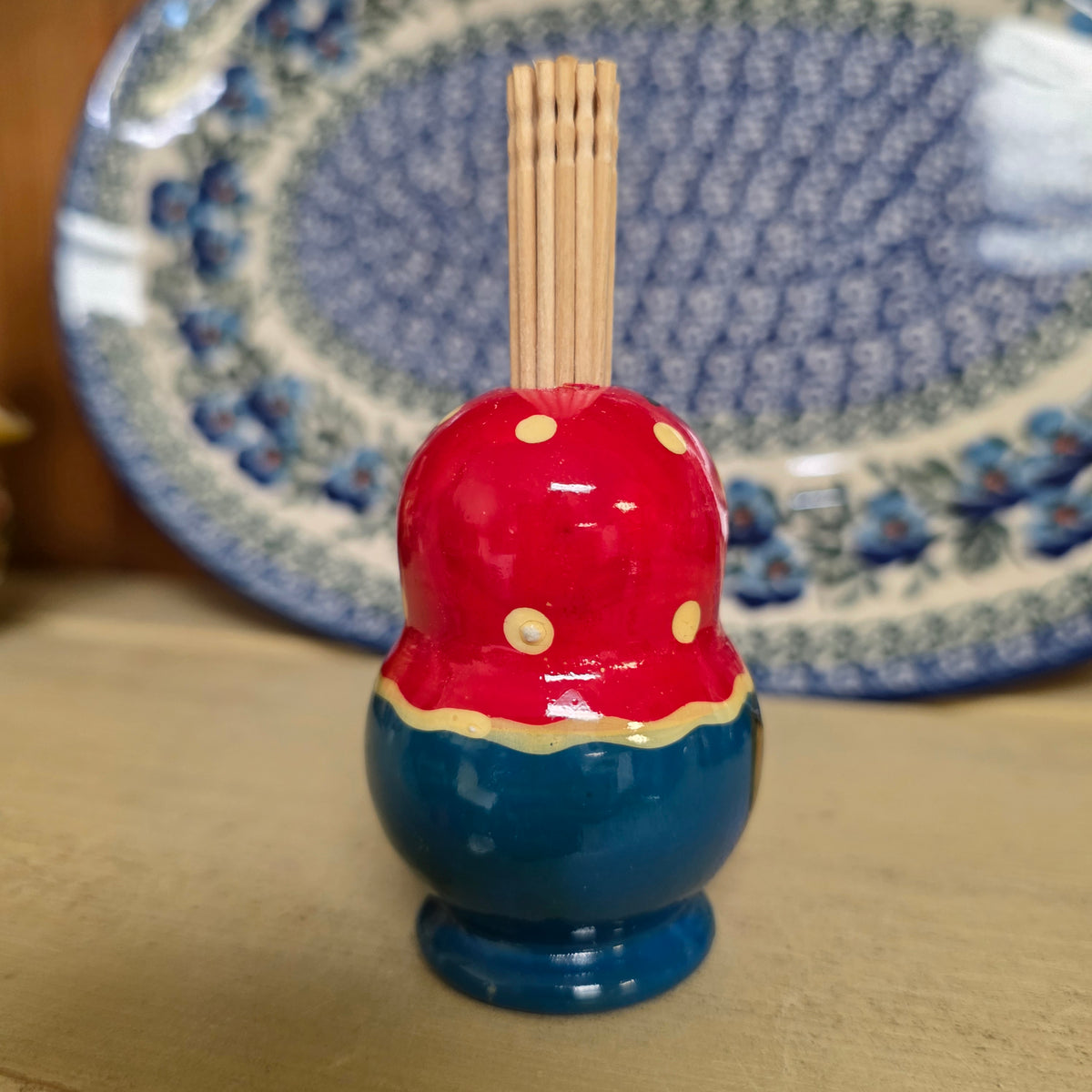 Wooden (C~Red berries, blue bottom) toothpick holder