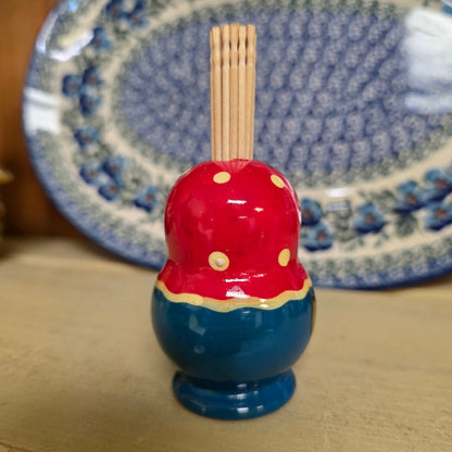 Wooden (C~Red berries, blue bottom) toothpick holder