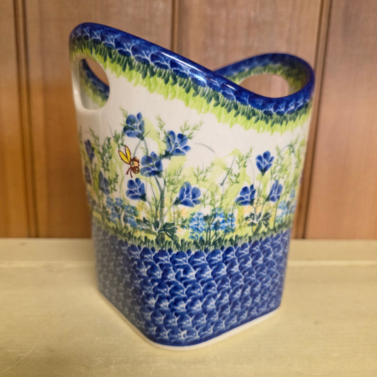 Basket ART /Blue Bees 553 Utensil Holder / UNIKAT blue flowers (6.5" H x 5.5"w)