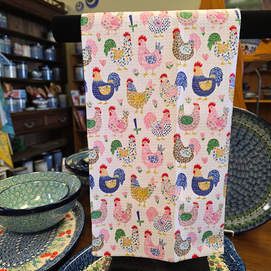 Towel /poly ~ Colorful Chickens Waffle Dish Towel
