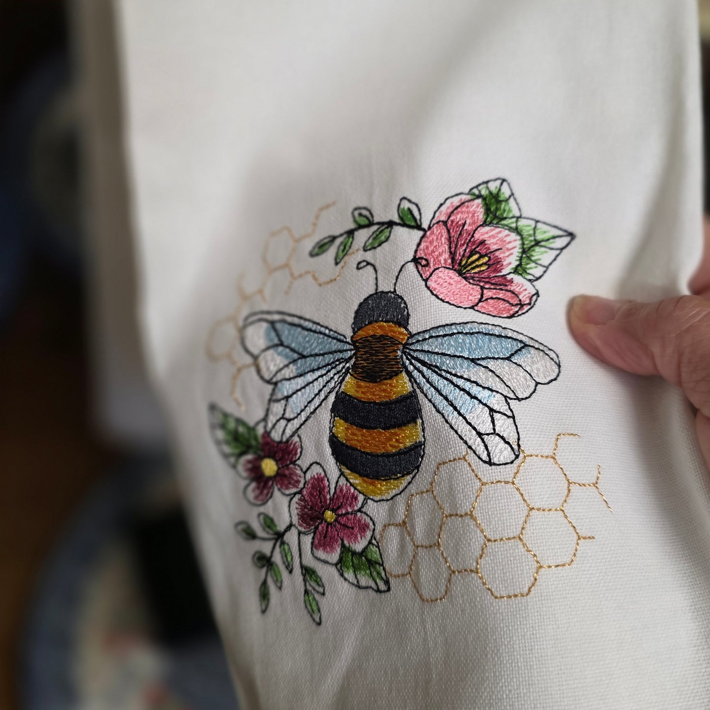 Towel ~ Bee among the flowers embroidered tea towel