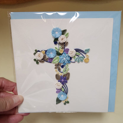 Card ~ Cross / blue flowers