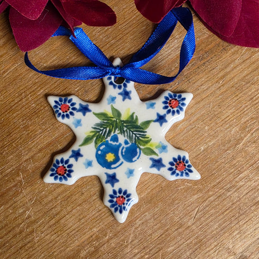 Ornament ~ Snowflake trees flat 2.5".  blue balls red tip