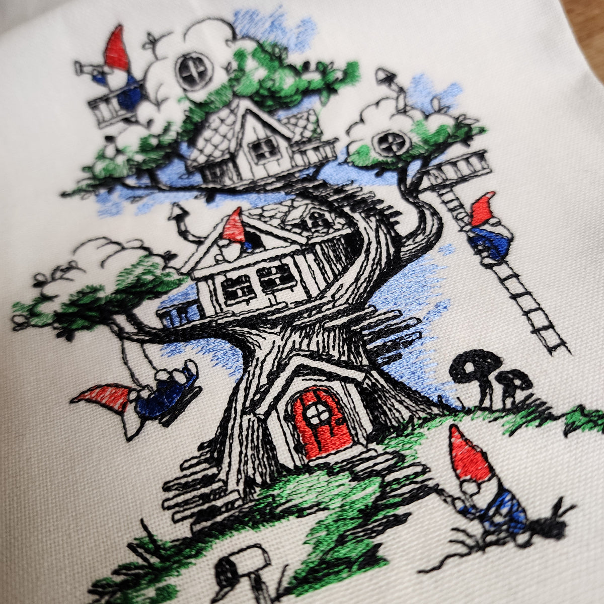 Towel ~ gnome tree house Tea Towel with Embroidered Detail
