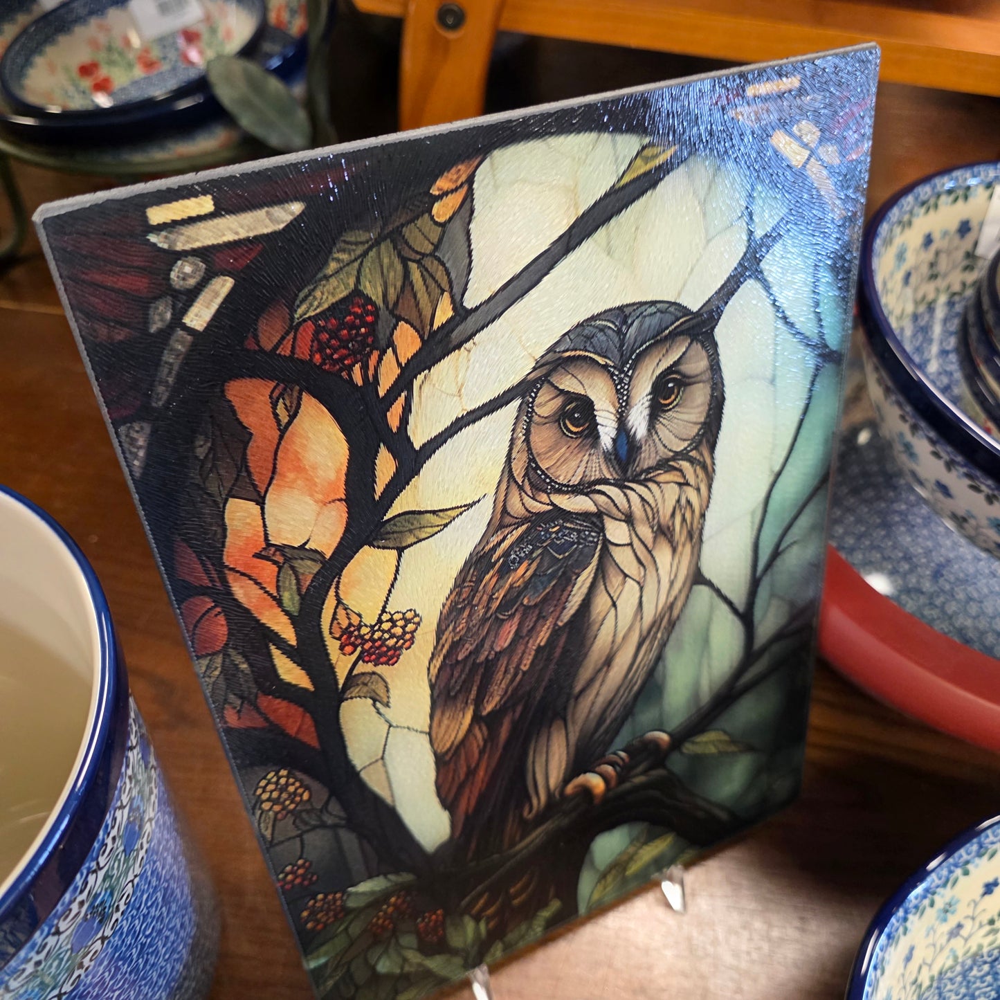 Cutting Board: Owl Charcuterie / Serving Tray: 8x11 Inch  Tempered Glass   *** NOT Polish Pottery ***