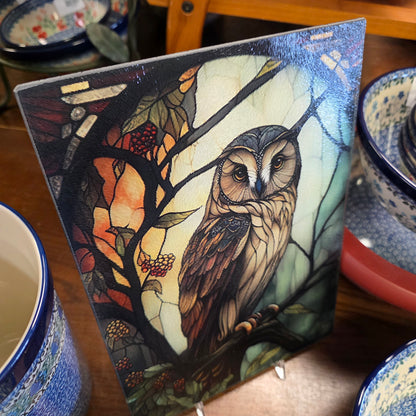 Cutting Board: Owl Charcuterie / Serving Tray: 8x11 Inch  Tempered Glass   *** NOT Polish Pottery ***