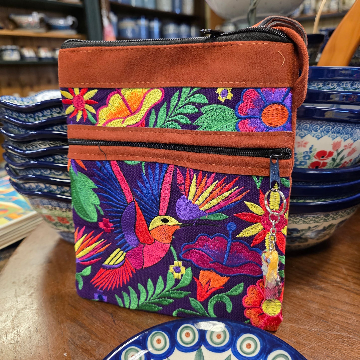 Embroidered Hummingbird Purple   ~  Faux Leather Crossbody Purse