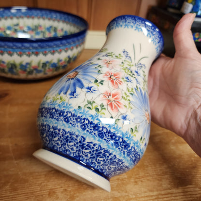 Vase 9" ~ White/Blue Soft Colors Flowers UNIKAT ART2