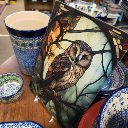 Cutting Board: Owl Charcuterie / Serving Tray: 8x11 Inch  Tempered Glass   *** NOT Polish Pottery ***