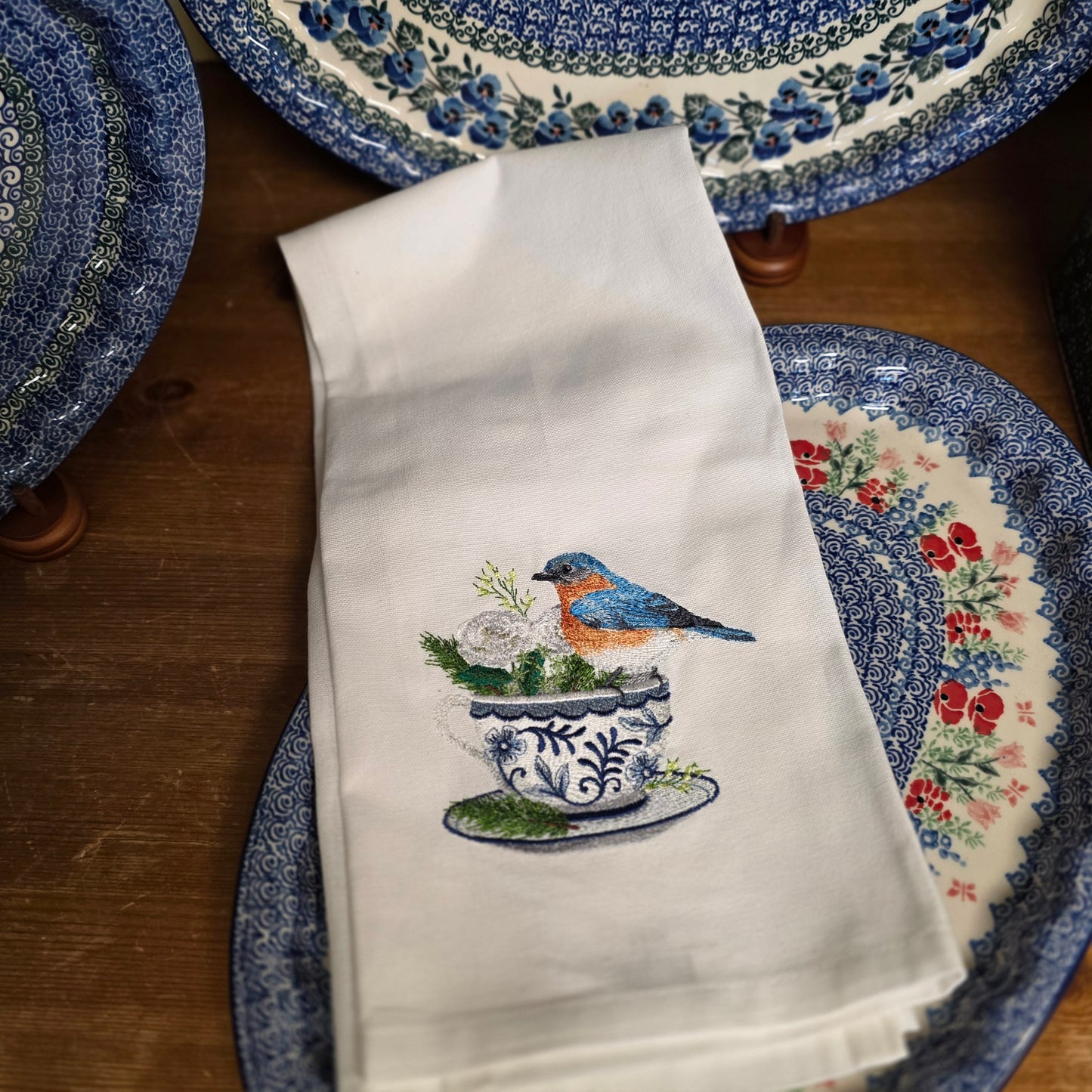 Towel ~ Bluebird and Flowers Teacup Kitchen Towel