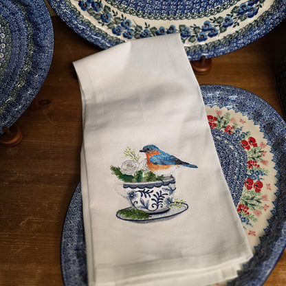 Towel ~ Bluebird and Flowers Teacup Kitchen Towel