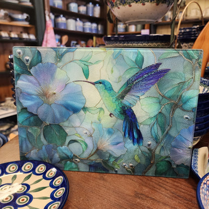 Cutting Board: Hummingbird Cutting Board & Tray: 8x11 inch Tempered Glass