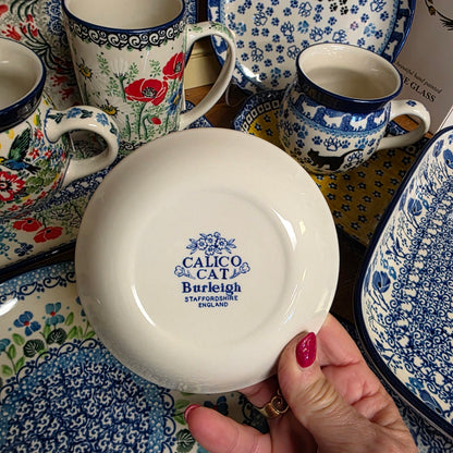 Burleigh ~ BLUE Butter Pat Calico Cat ~ Shallow bowl  *** NOT Polish Pottery