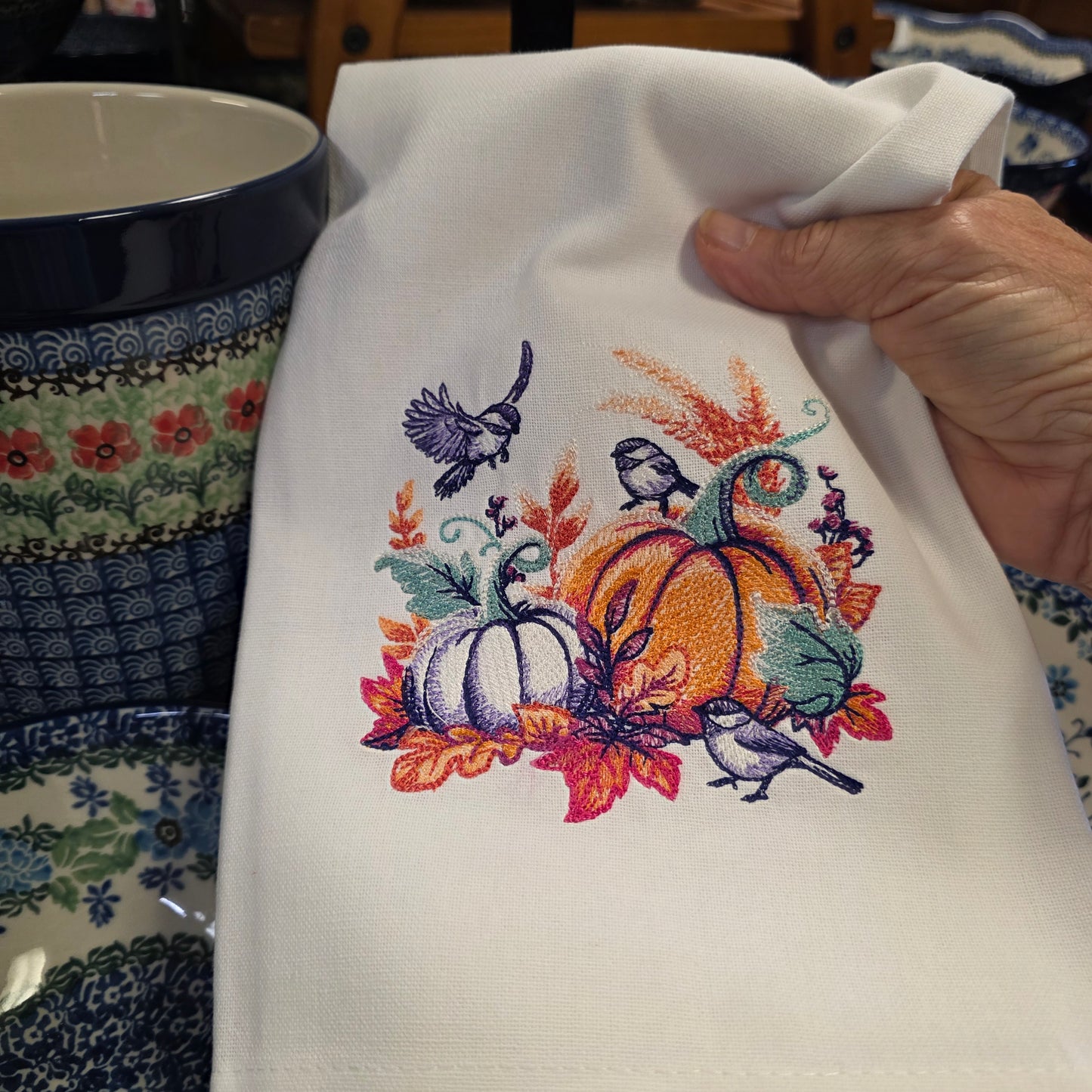 Towel ~ Seasonal Delight Embroidered Tea Towel with Pumpkins, Birds