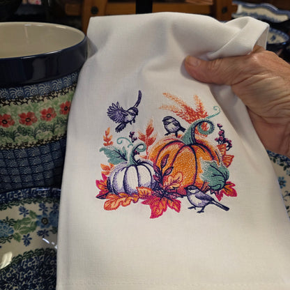 Towel ~ Seasonal Delight Embroidered Tea Towel with Pumpkins, Birds