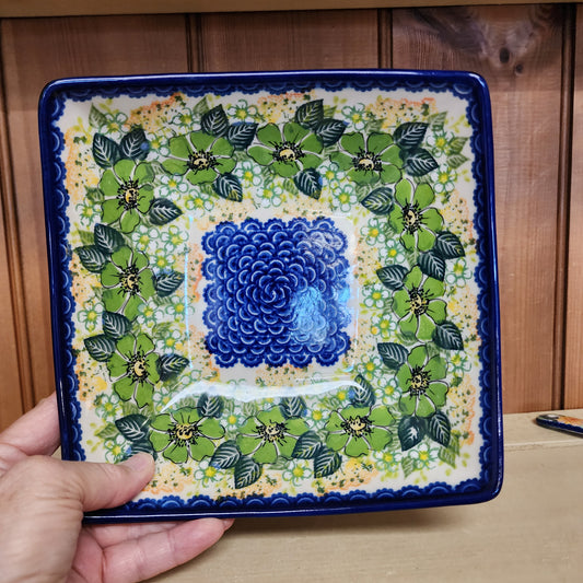 Bowl 8" Square Green with blue center