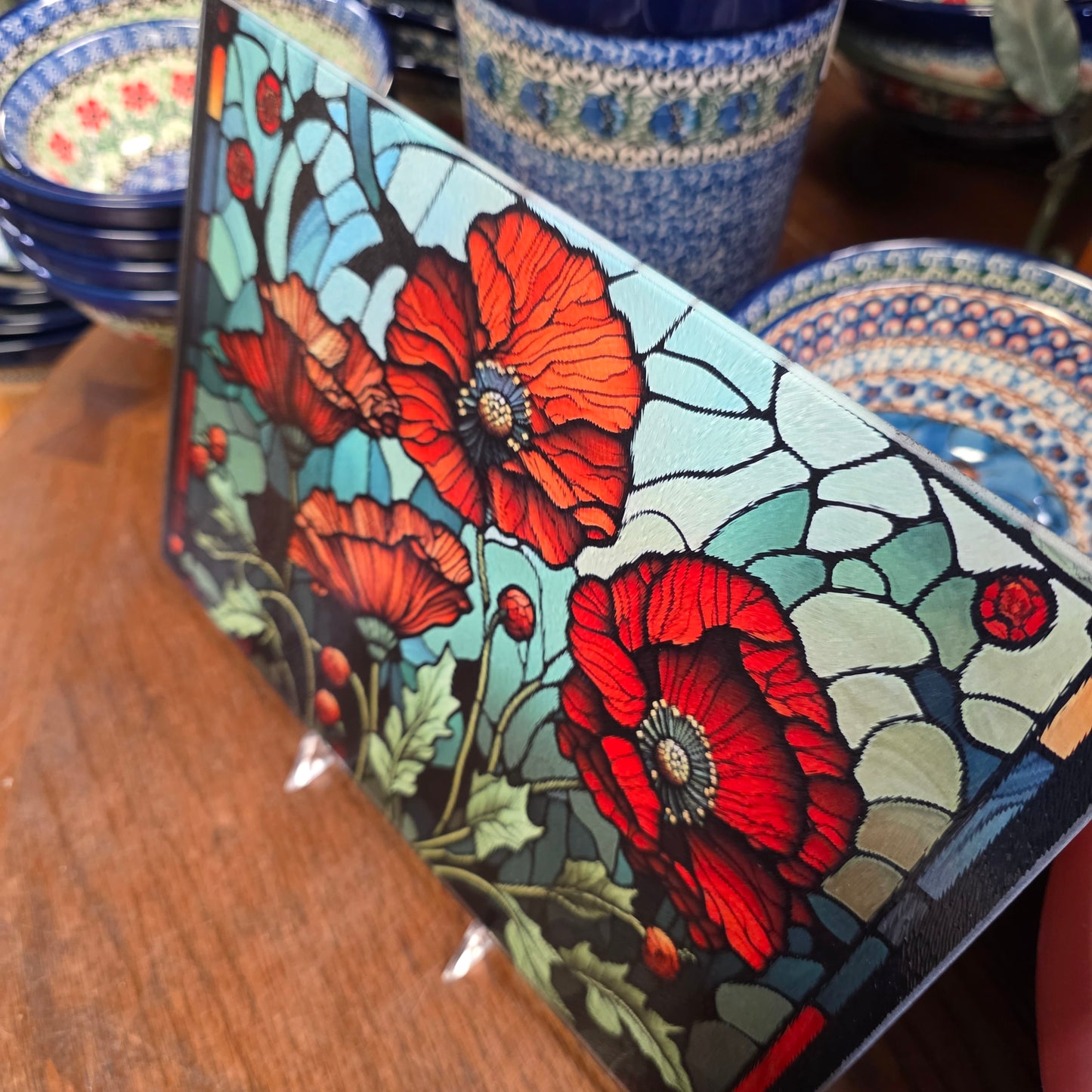 Cutting Board: Floral Poppy  8x11 inch Tempered Glass Serving Tray   *** NOT Polish Pottery ***