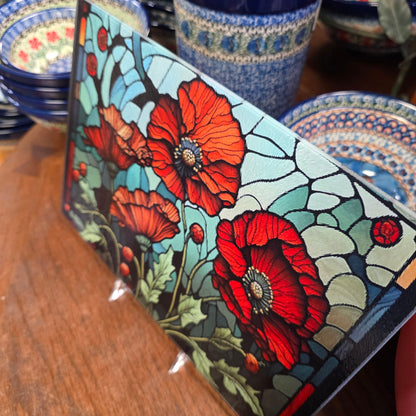 Cutting Board: Floral Poppy  8x11 inch Tempered Glass Serving Tray   *** NOT Polish Pottery ***