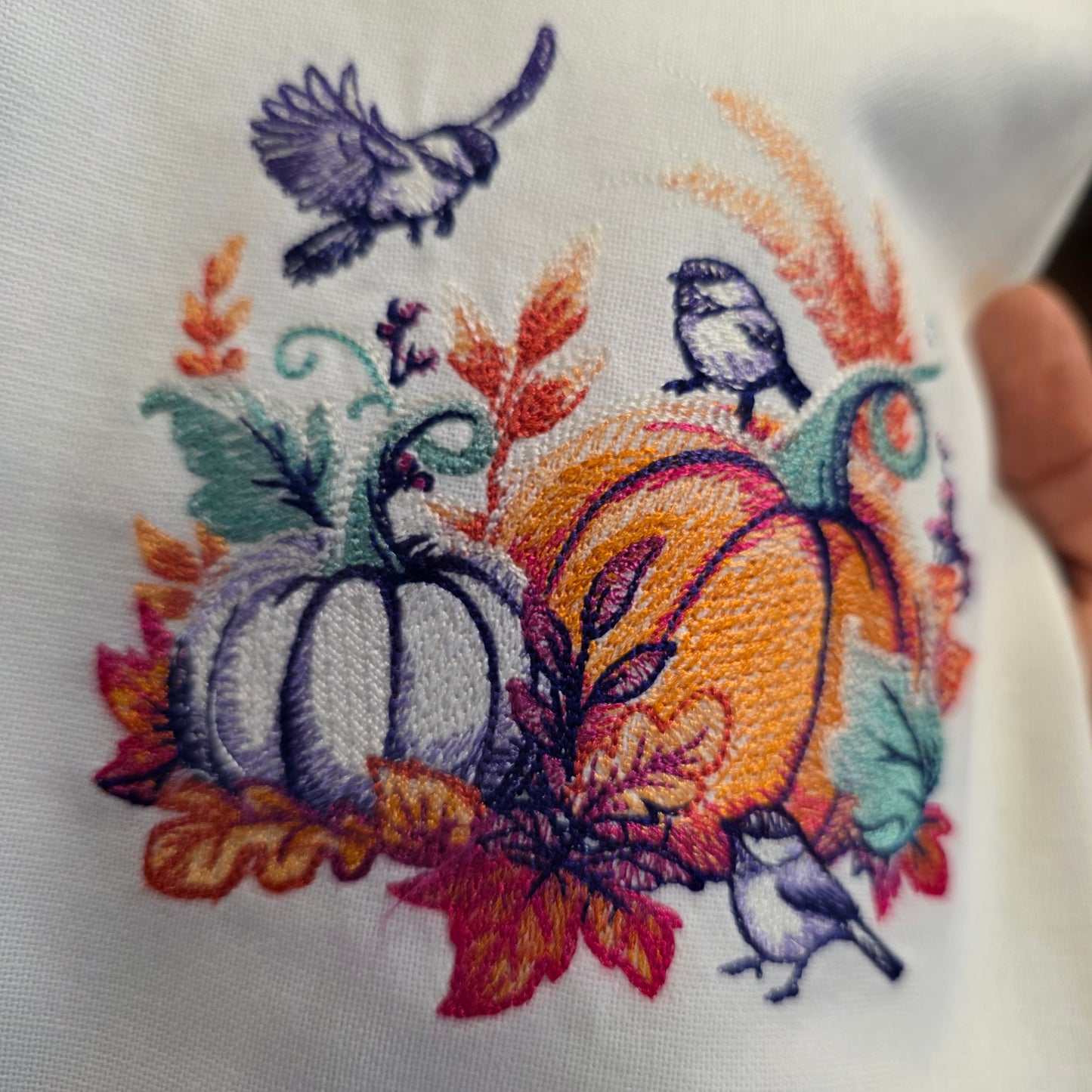 Towel ~ Seasonal Delight Embroidered Tea Towel with Pumpkins, Birds