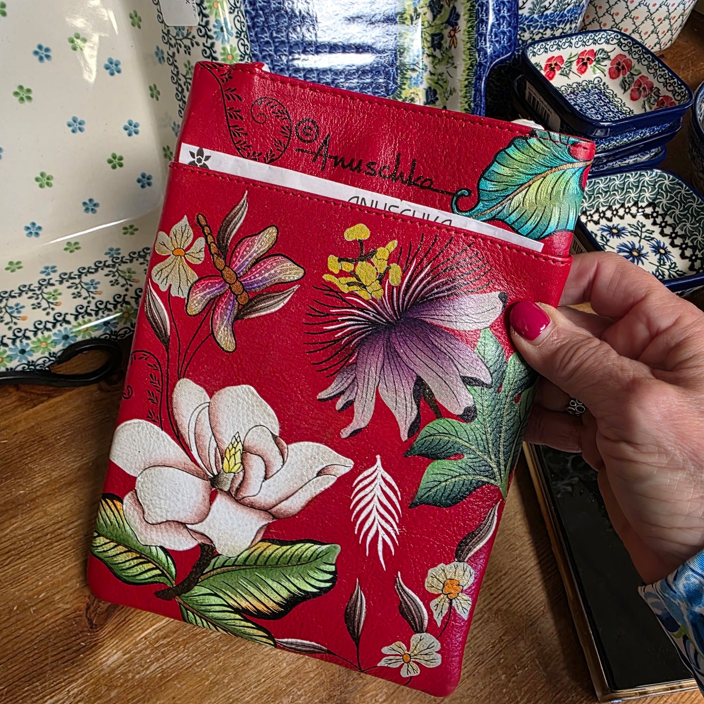 Anuschka ~ Crossbody Red / Dragonfly Double Zip Travel bag