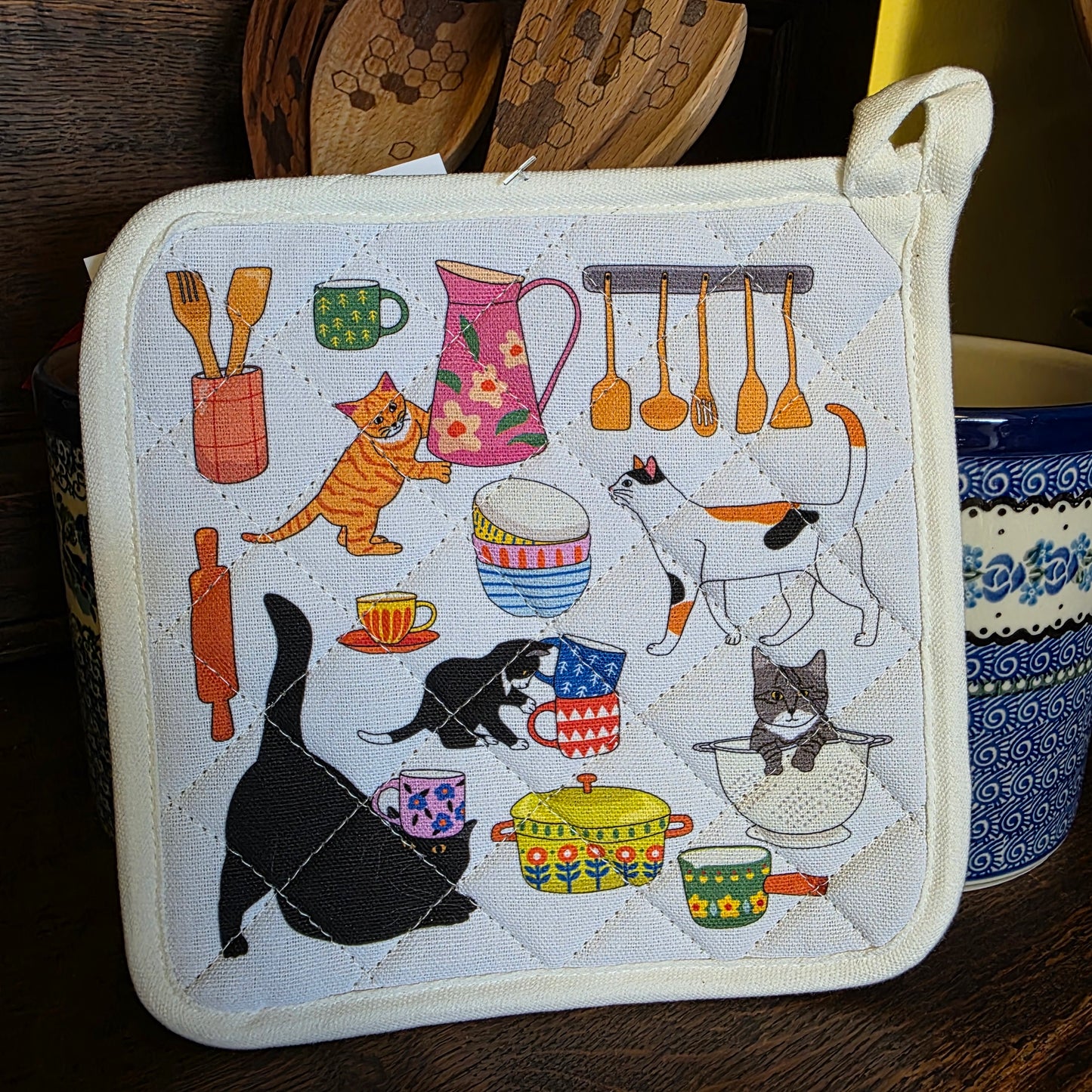 Pot Holder - Kitty Cats in the Kitchen - Reversible Potholder 