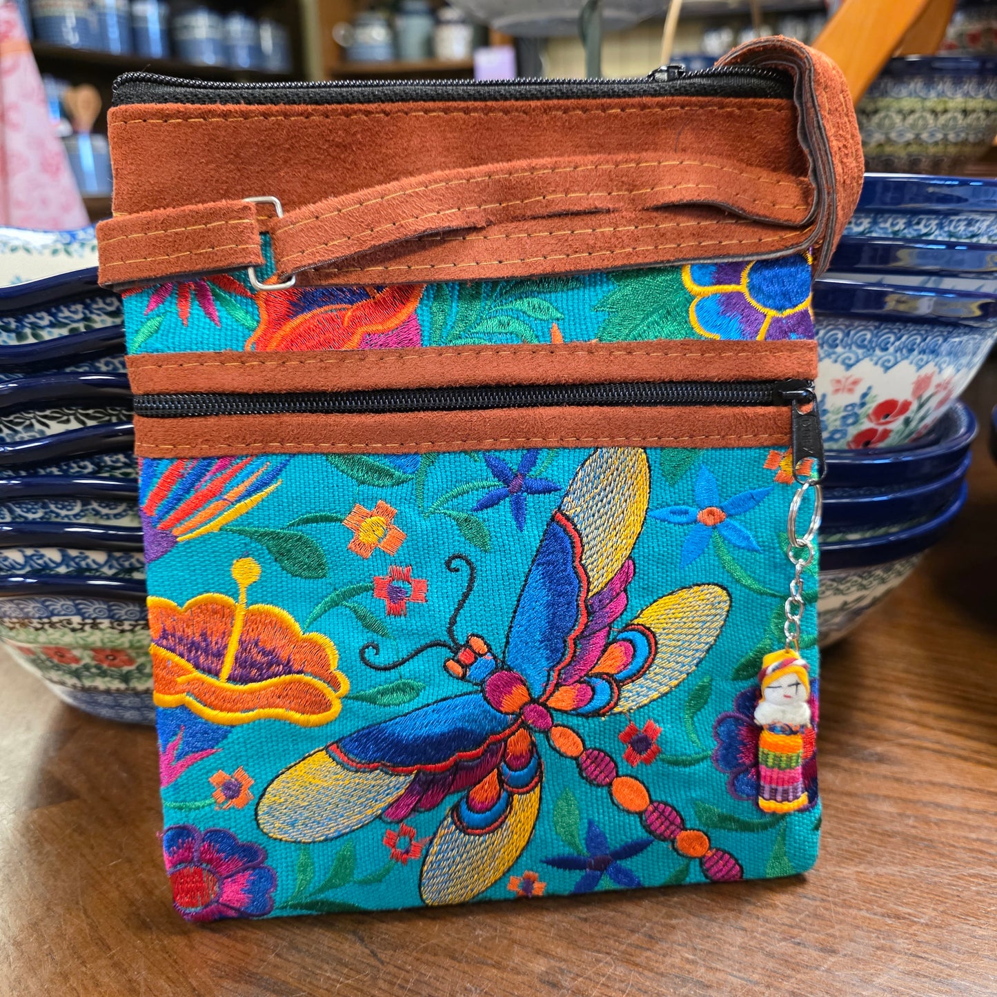 Embroidered Dragonfly Green ~  Faux Leather Crossbody Purse