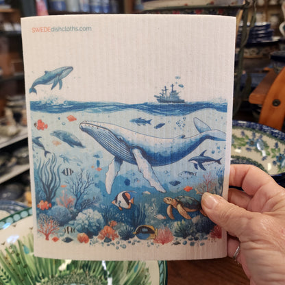 Dishcloth Blue Whale under Ship (Swedish Dishcloth)
