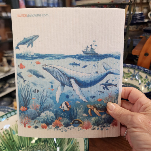 Dishcloth Blue Whale under Ship (Swedish Dishcloth)