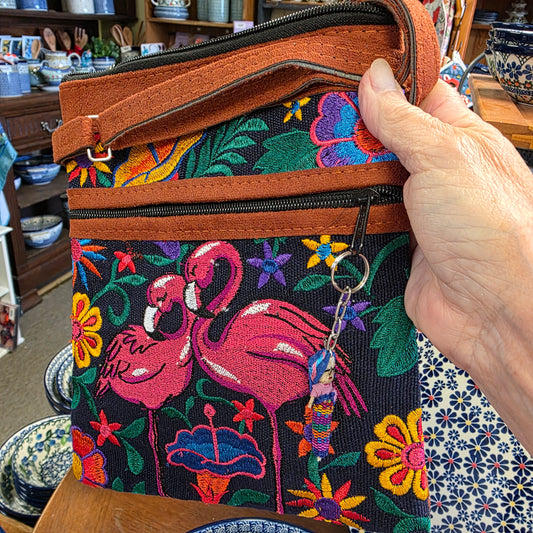 Embroidered Flamingos Black   ~  Faux Leather Crossbody Purse